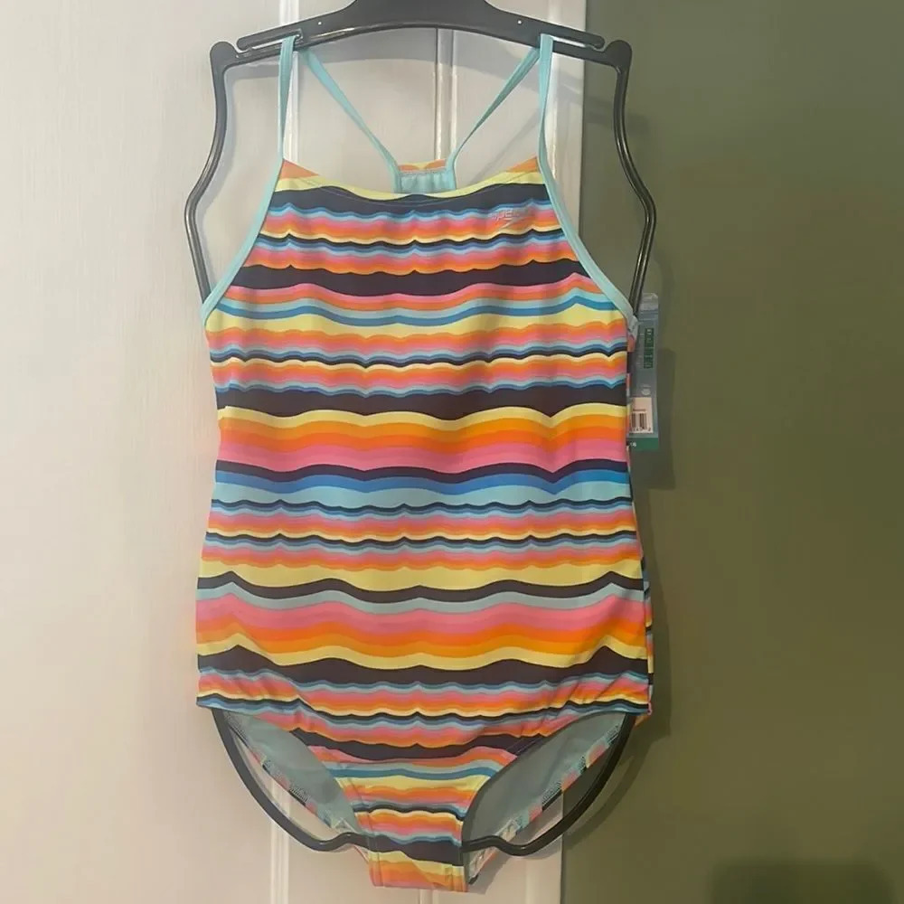 #17 Speedo youth bathing suit blue, orange, pink X-Large Size 16 1 piece